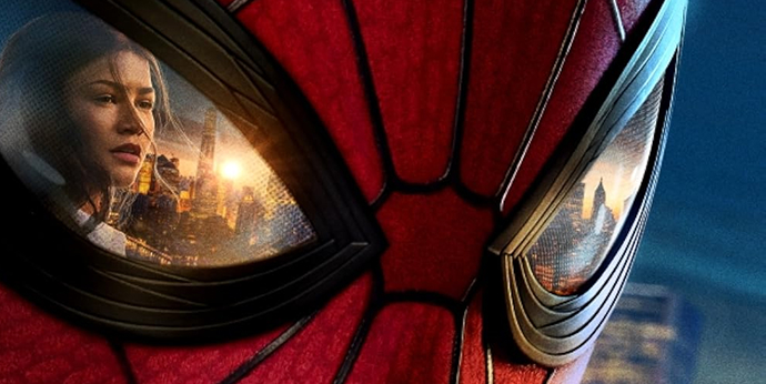 Close-up of Spider-Man reflected in his mask lens