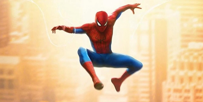 Spider-Man jumping through a city scene